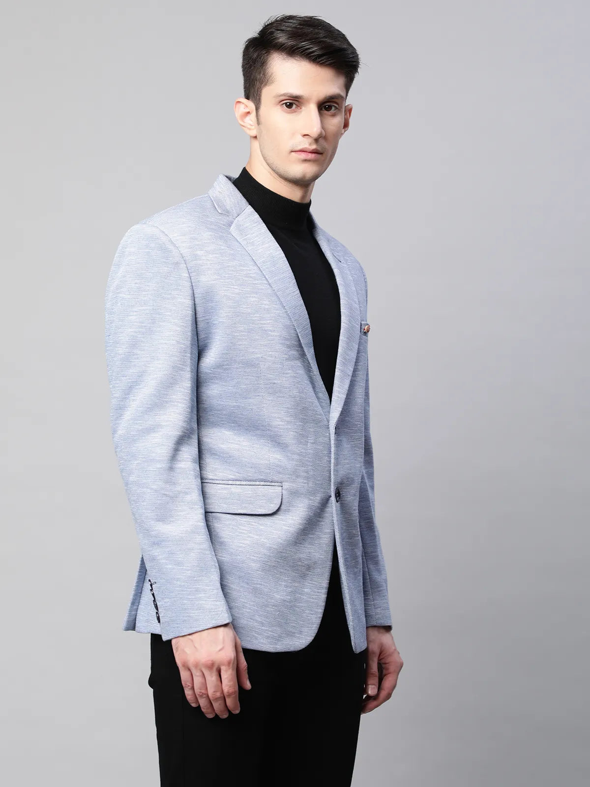 Mens Sky Blue Cotton Terry Slub Textured Single Breasted Coat