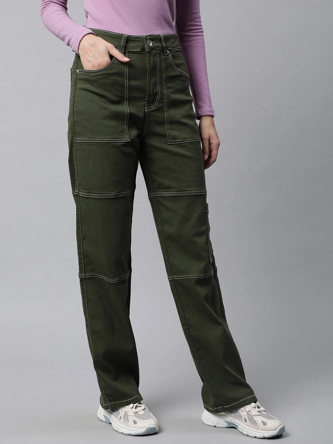 Women Olive Contrast Stitch Straight Leg Mid Rise Jeans