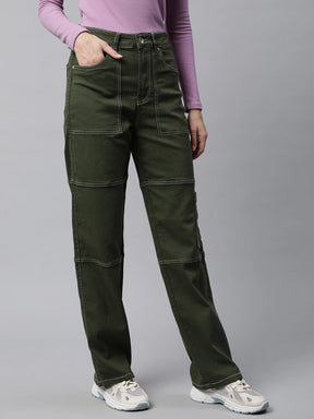 Women Olive Contrast Stitch Straight Leg Mid Rise Jeans