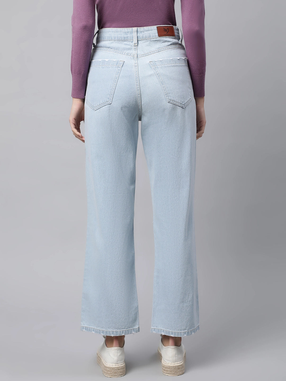 Women Light Blue Distressed Knee Straight Leg Mid Rise Jeans - Global Republic