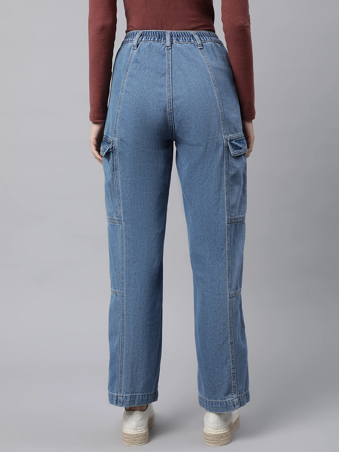 Women Light Blue Elasticated Waist Wide Leg High Rise Jeans