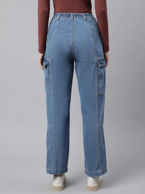 Women Light Blue Elasticated Waist Wide Leg High Rise Jeans