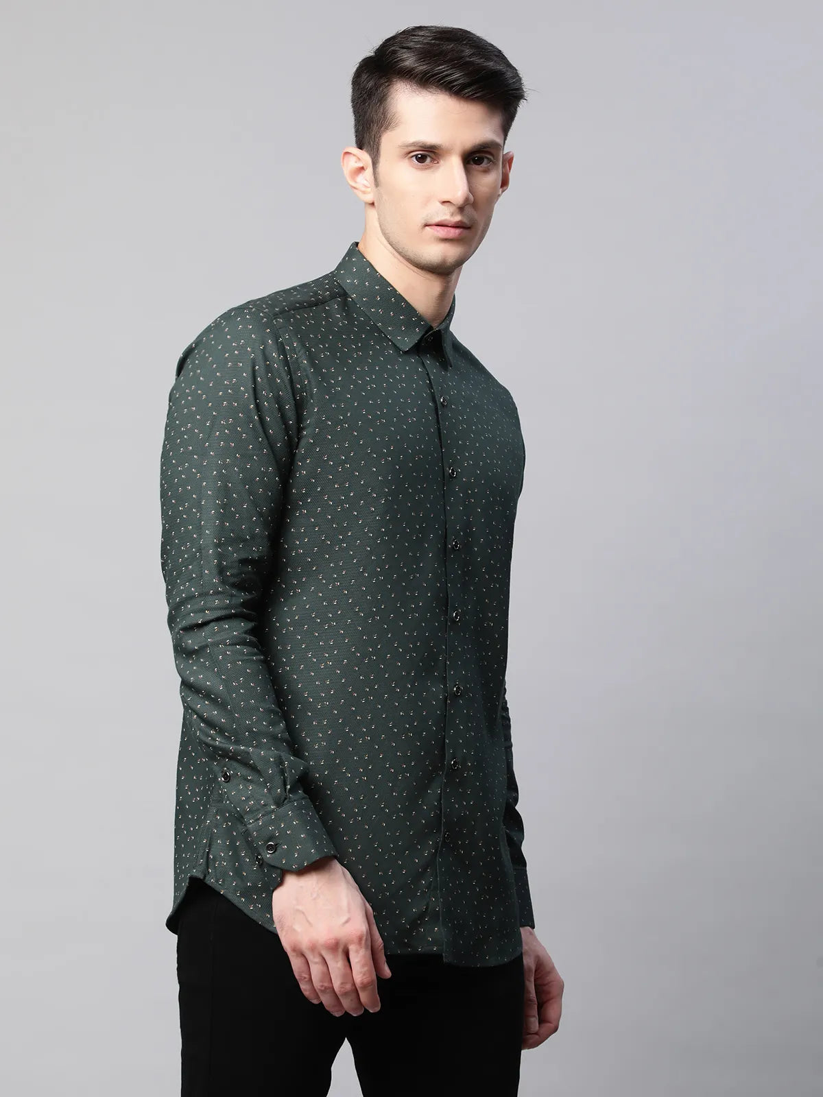 Mens Olive Regular Fit Overall Printed Shirt - Global Republic