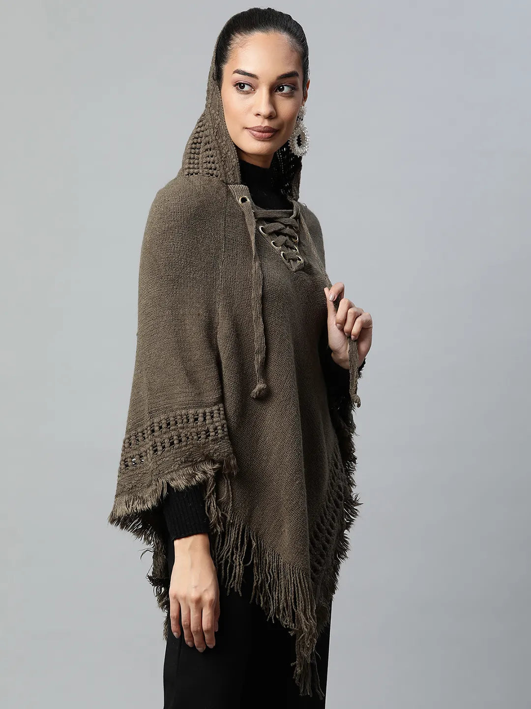 Women Olive Hooded Lace-Up Asymmetric Poncho