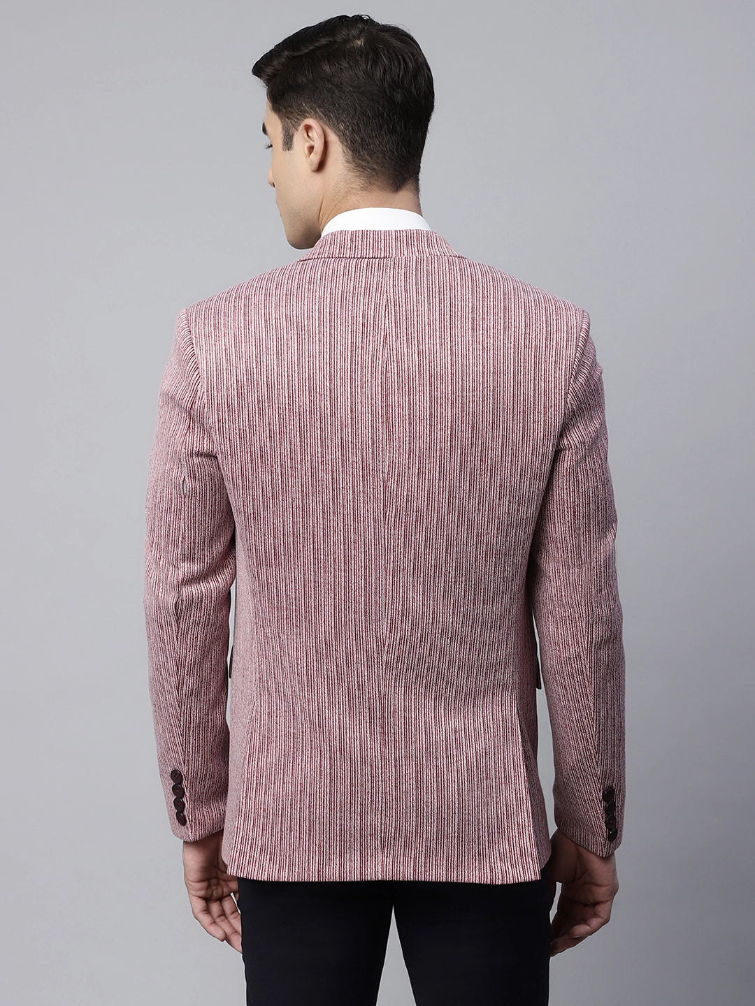 Mens Maroon Tailored Fit Textured Striped Pattern Coat