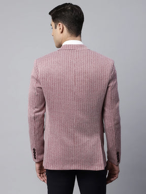Mens Maroon Tailored Fit Textured Striped Pattern Coat