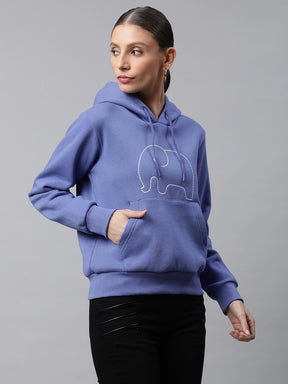 Women Purple Kangaroo Pocket Loose Fit Fleece Hooded Sweatshirt