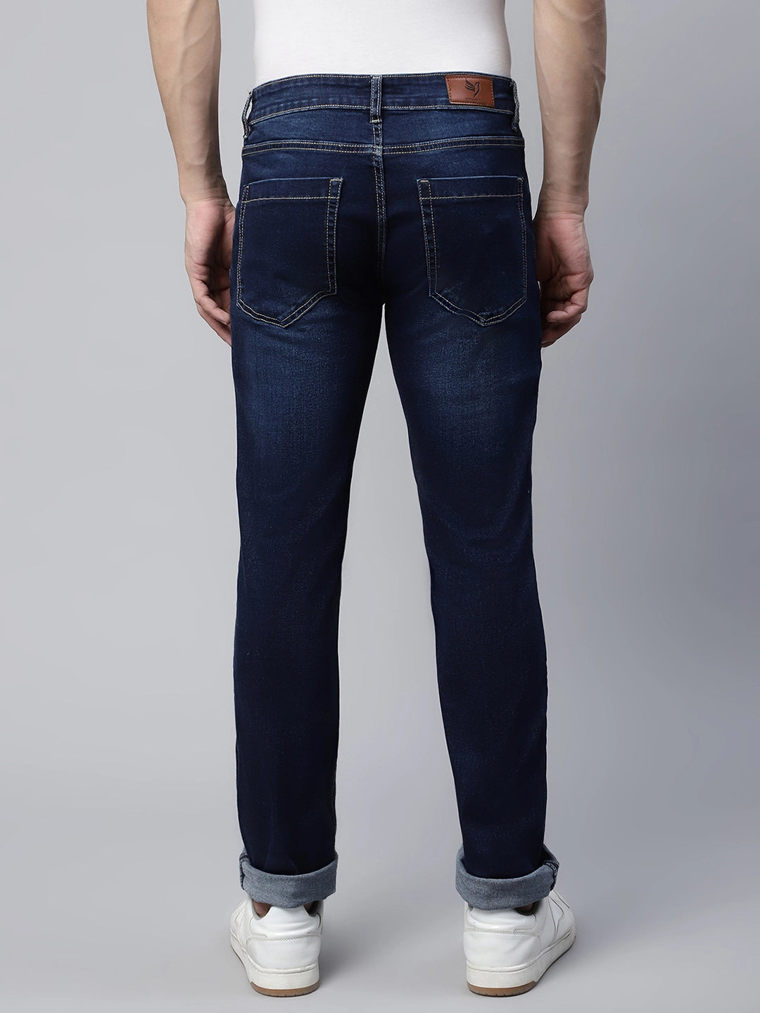 Mens Dark Blue Wiskering Effect Straight Leg Mid Rise Jeans