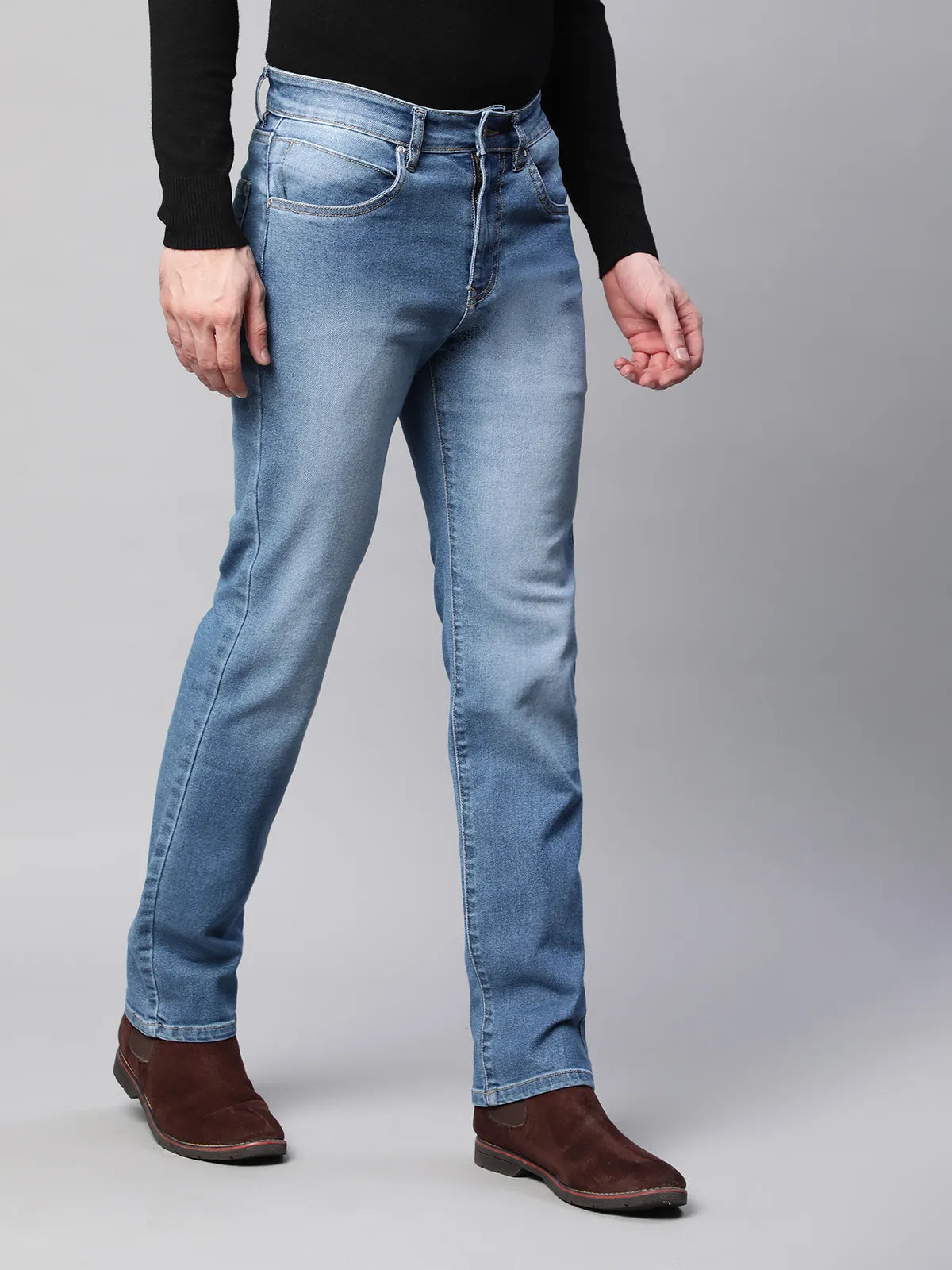 Mens Mid Blue Straight Fit Stone Wash 5-Pocket Jeans