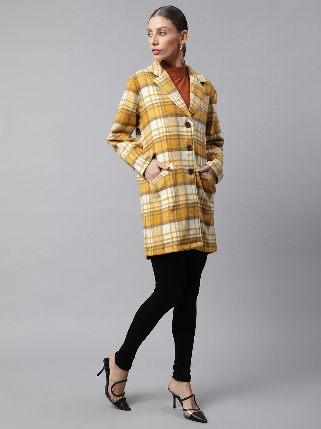 Women Mustard Relaxed Fit Checkered Single Breasted Coat