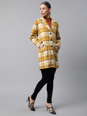 Women Mustard Relaxed Fit Checkered Single Breasted Coat