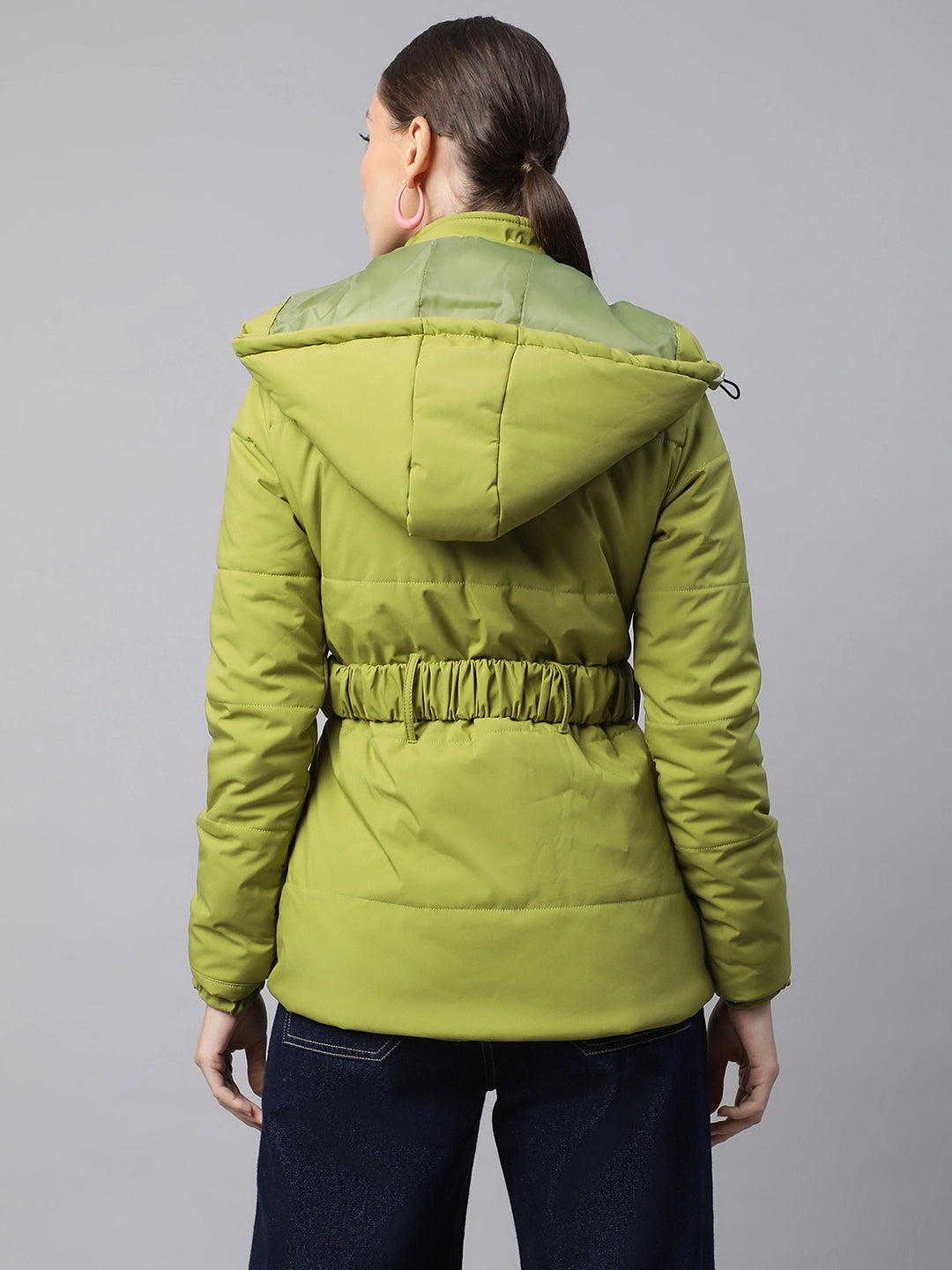 Women Green Detactchable Hood Puffer Jacket