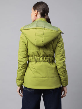 Women Green Detactchable Hood Puffer Jacket