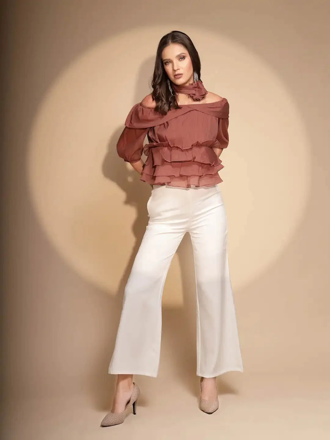 Brown Polyester Off-Shoulder Top