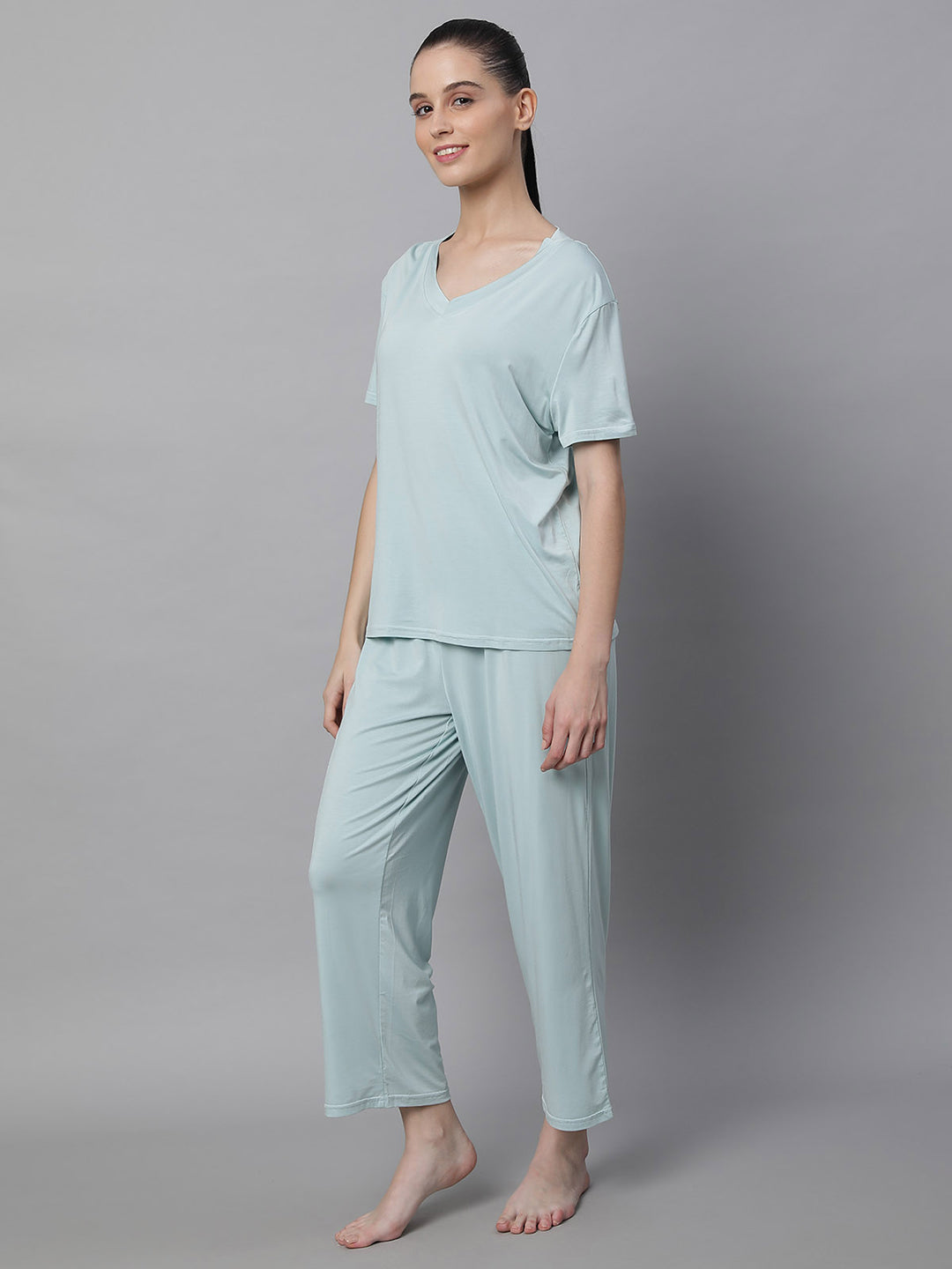 Women Green V-Neck Hosiery Loose Fit Night Suit Set - Global Republic