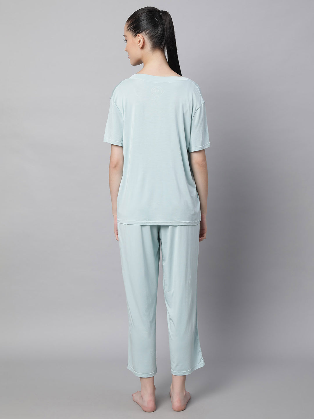 Women Green V-Neck Hosiery Loose Fit Night Suit Set - Global Republic