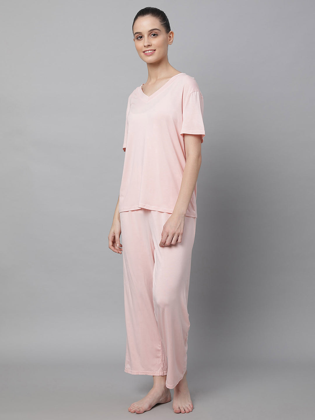 Women Pink Hosiery Loose Fit Night Suit Set - Global Republic