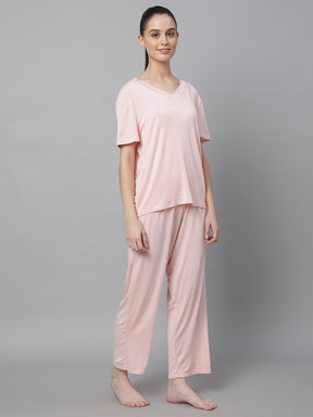 Women Pink Hosiery Loose Fit Night Suit Set