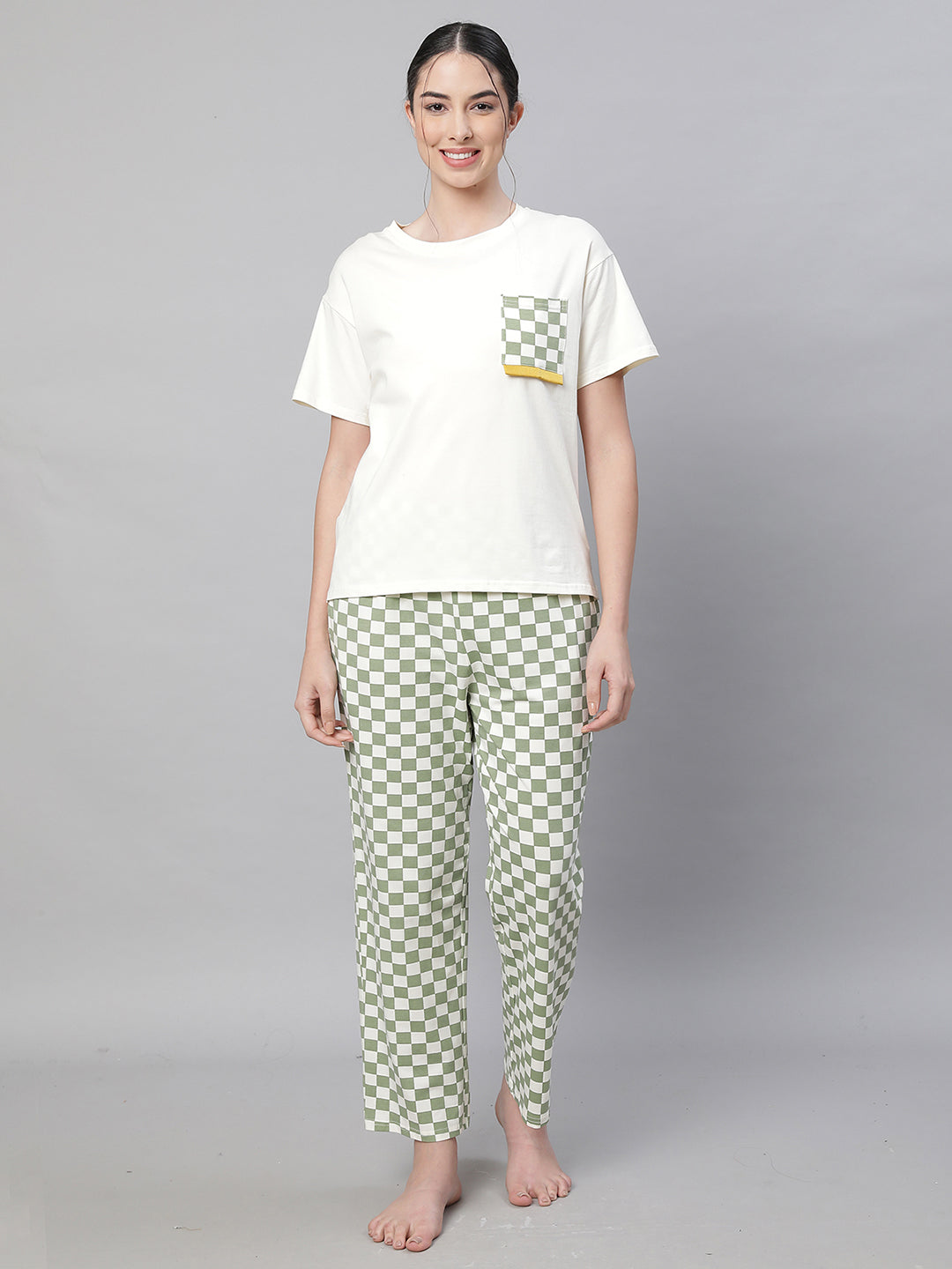 Women Green Round Neck Printed Loose Fit Night Suit Set