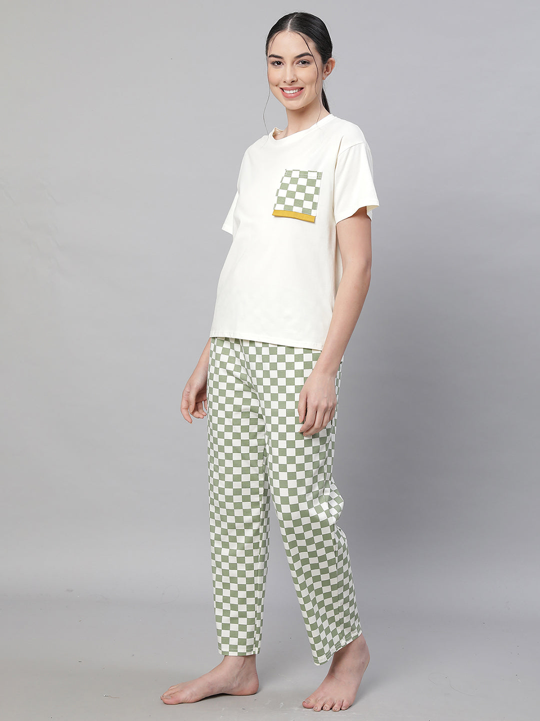 Women Green Round Neck Printed Loose Fit Night Suit Set - Global Republic