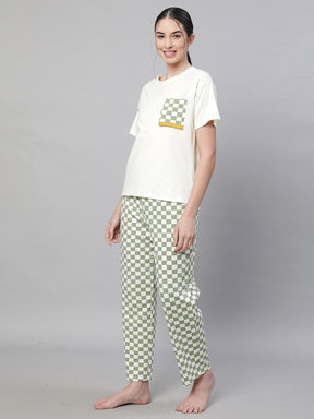 Women Green Round Neck Printed Loose Fit Night Suit Set