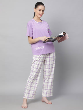Women Lilac Hosiery Printed Loose Fit Night Suit Set