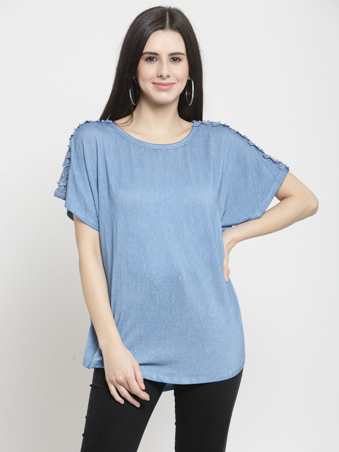 Women Blue Solid Round Neck Regular Fit T-Shirt