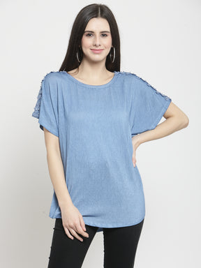 Women Blue Solid Round Neck Regular Fit T-Shirt
