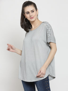 Women Grey Solid Round Neck Regular Fit T-Shirts