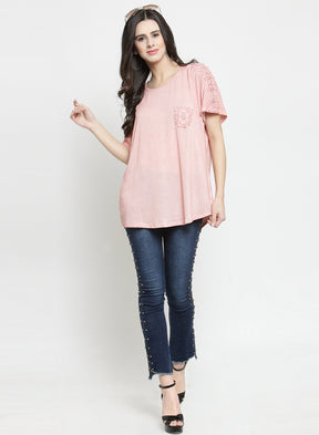 Women Peach Solid  Regular Fit T-Shirts