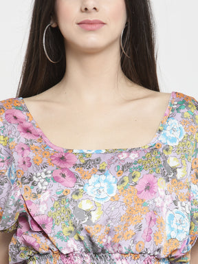 Women Pink Floral Printed Top With Smocked Waist