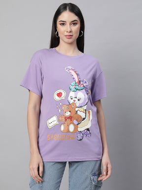 women lavender round neck printed top