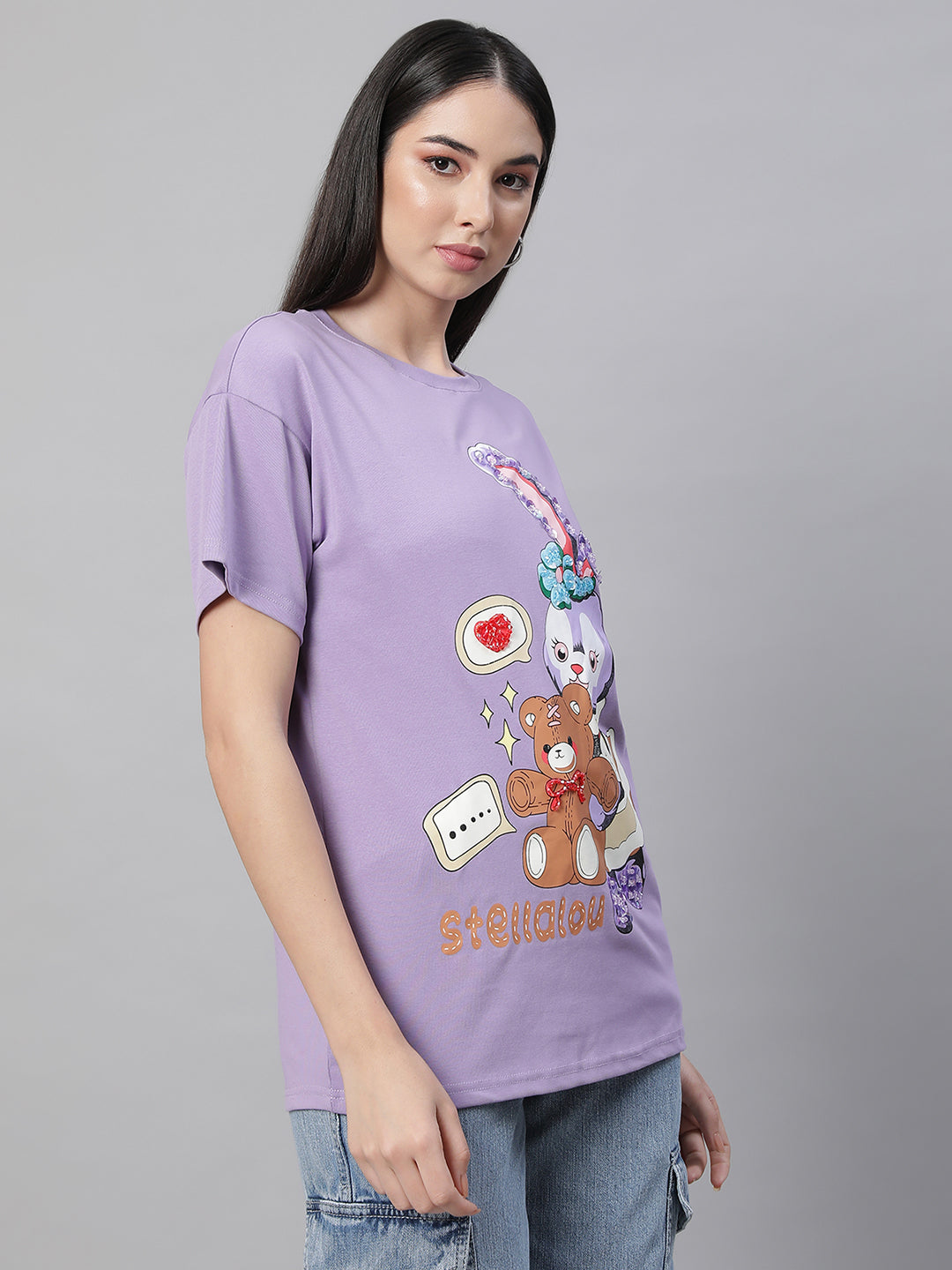 women lavender round neck printed top