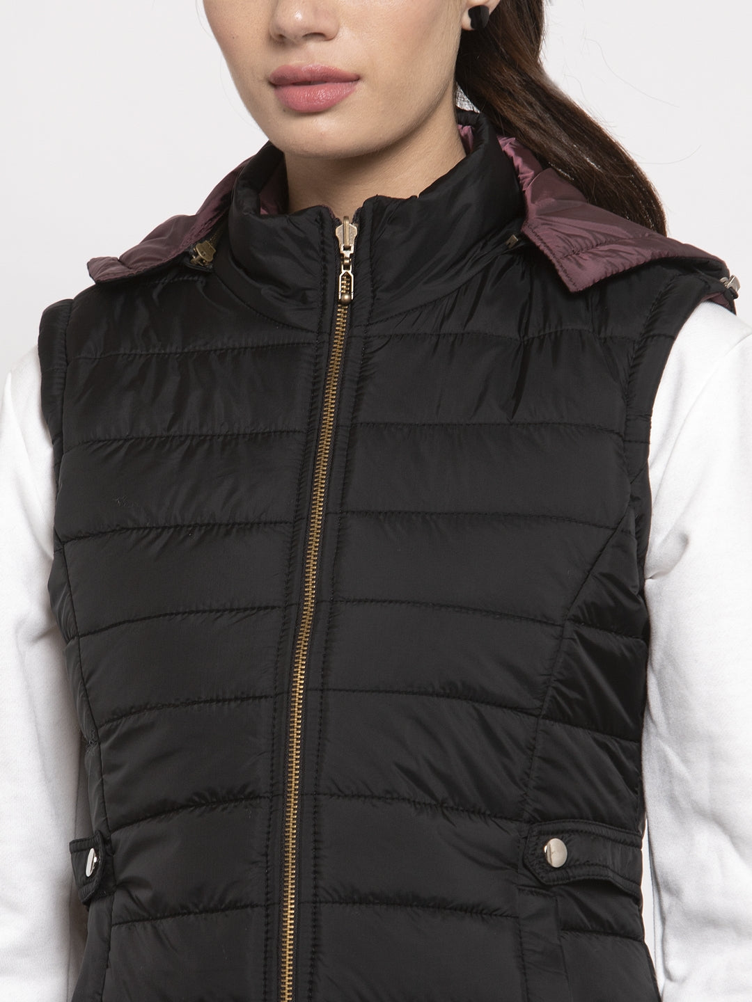 Women Black Solid Hooded Reversible Jacket