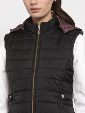 Women Black Solid Hooded Reversible Jacket