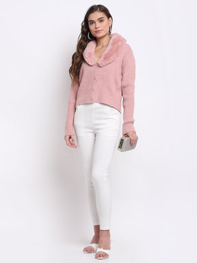 Women Solid KNIT Cardigan With Pink Collared