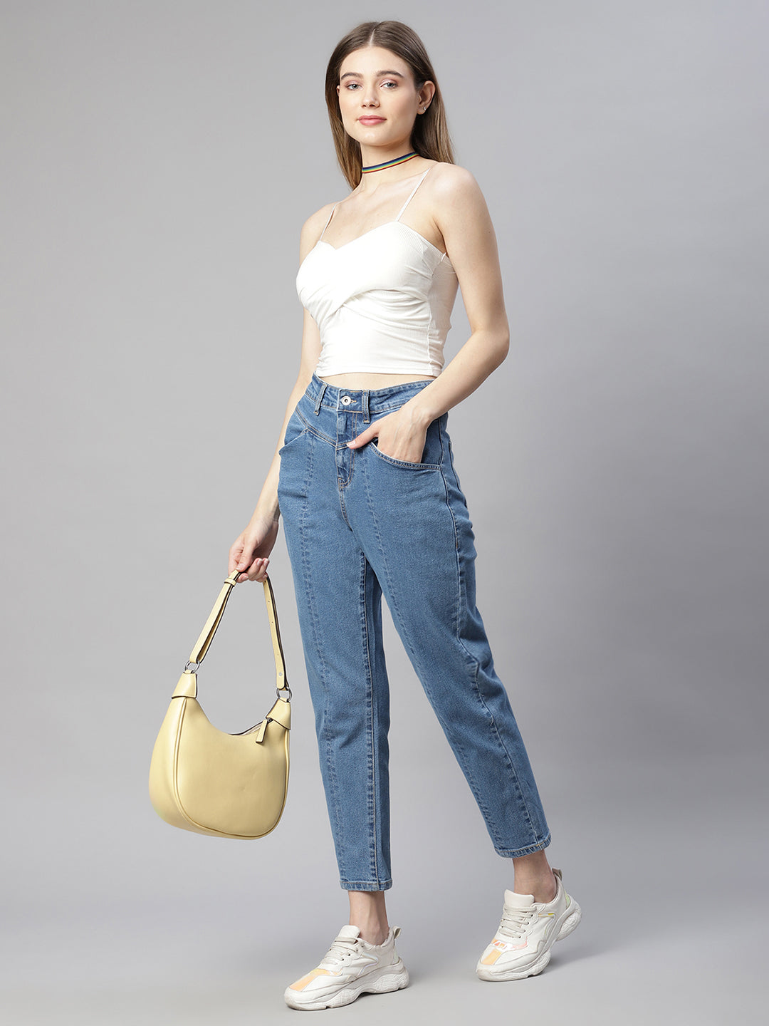 women blue denim straight cut jeans