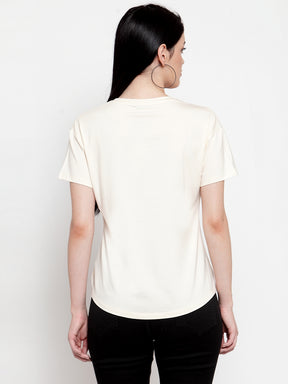 Women Cream Hosiery Printed T-Shirt