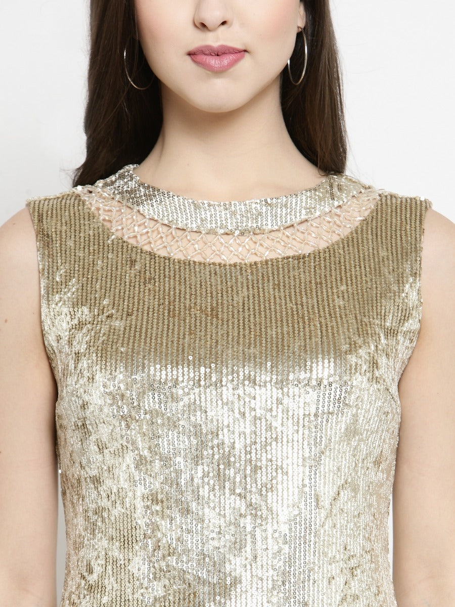 Women Sequined Gold Dress With Embellished Neck