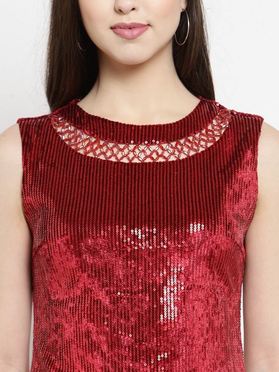 Women Sequined Red Dress With Embellished Neck
