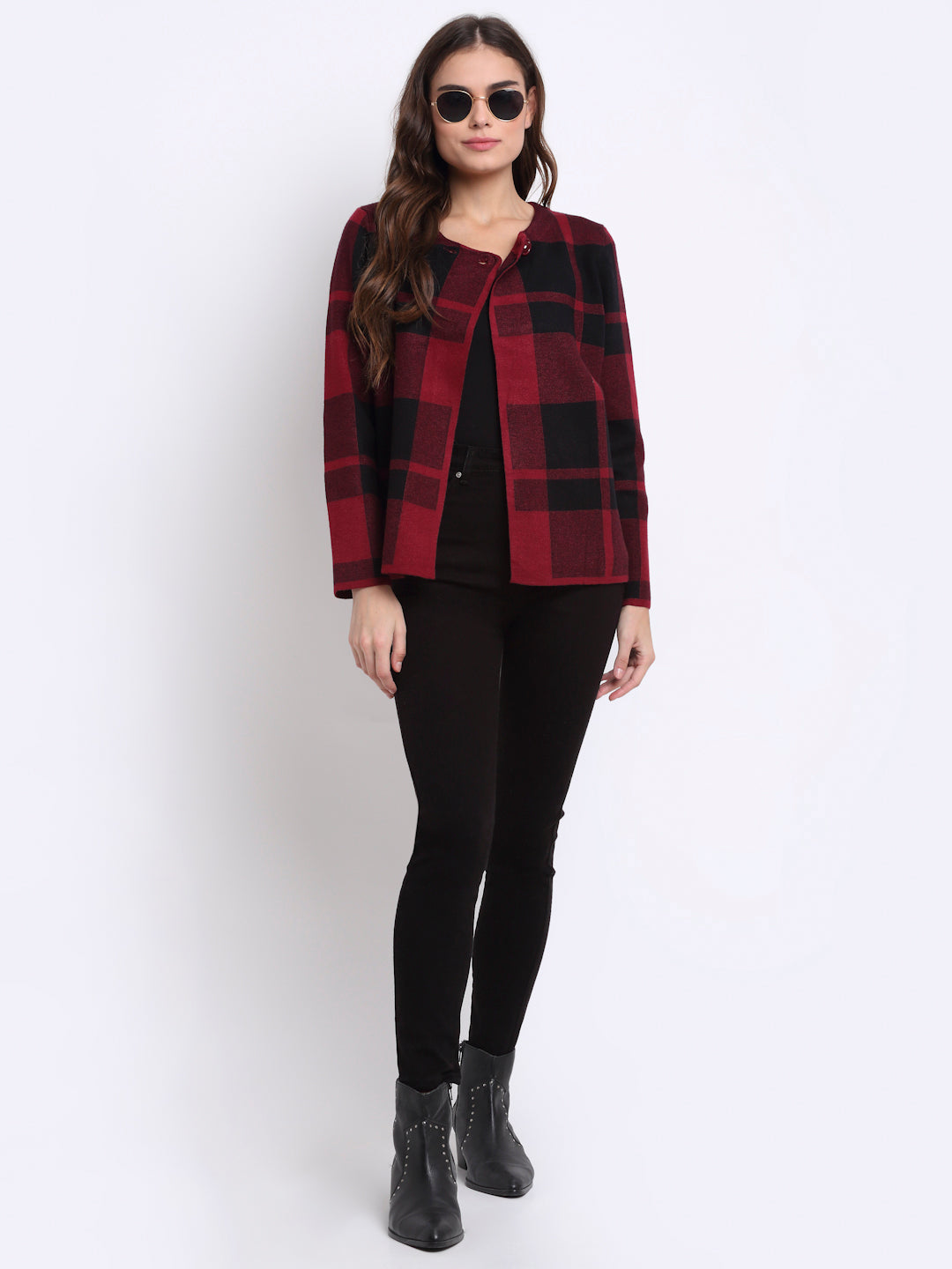 Women Black Round Neck Checked KNIT Cardigan