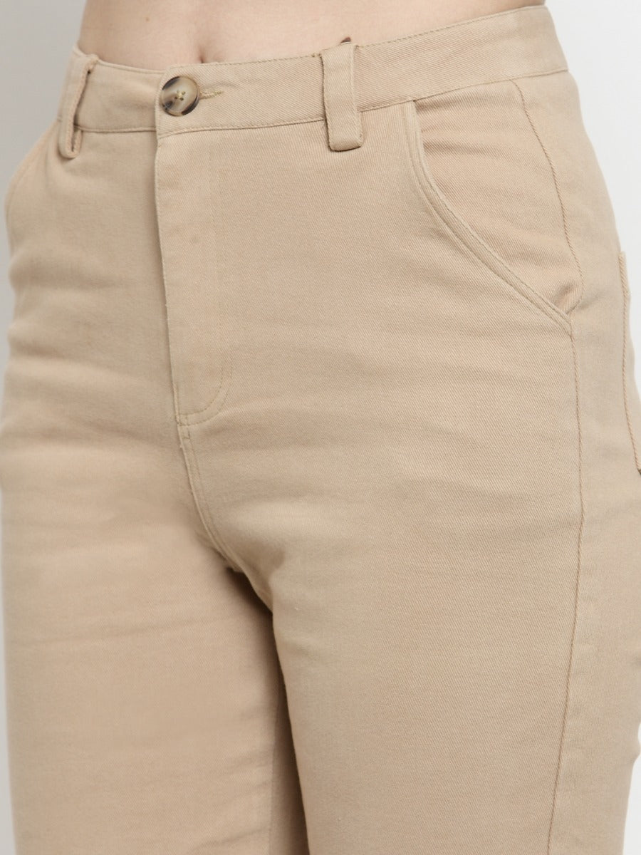 women solid khaki ankle length trousers