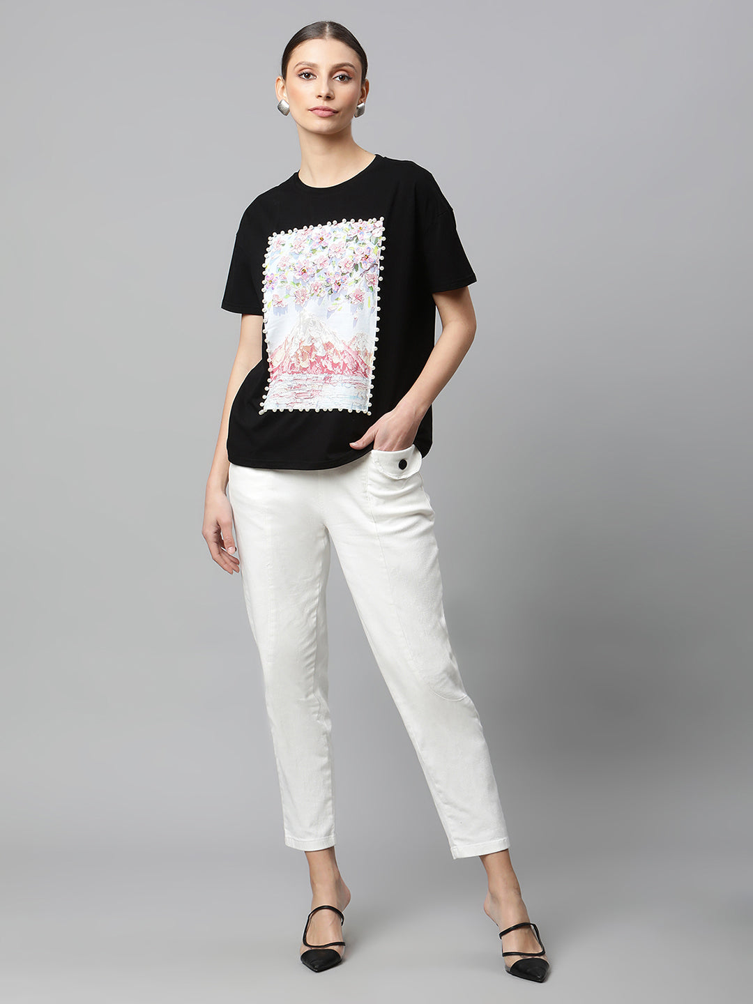 Black Floral Embellished T-Shirt - Global Republic