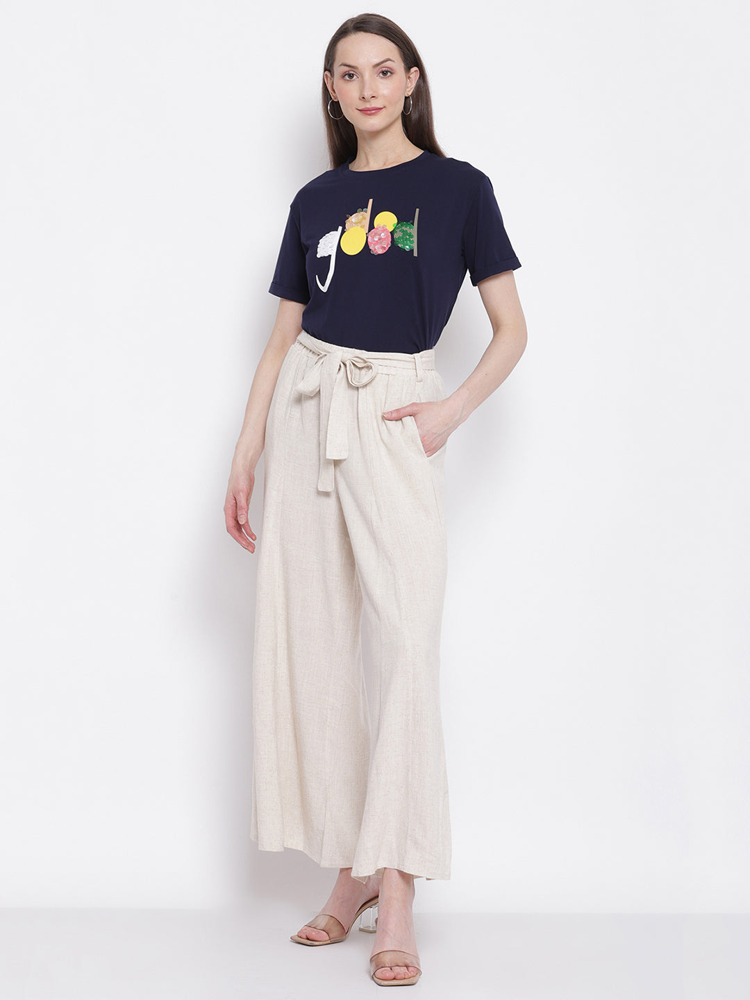 Women Navy Blue Printed Top with Knot Details at Hem