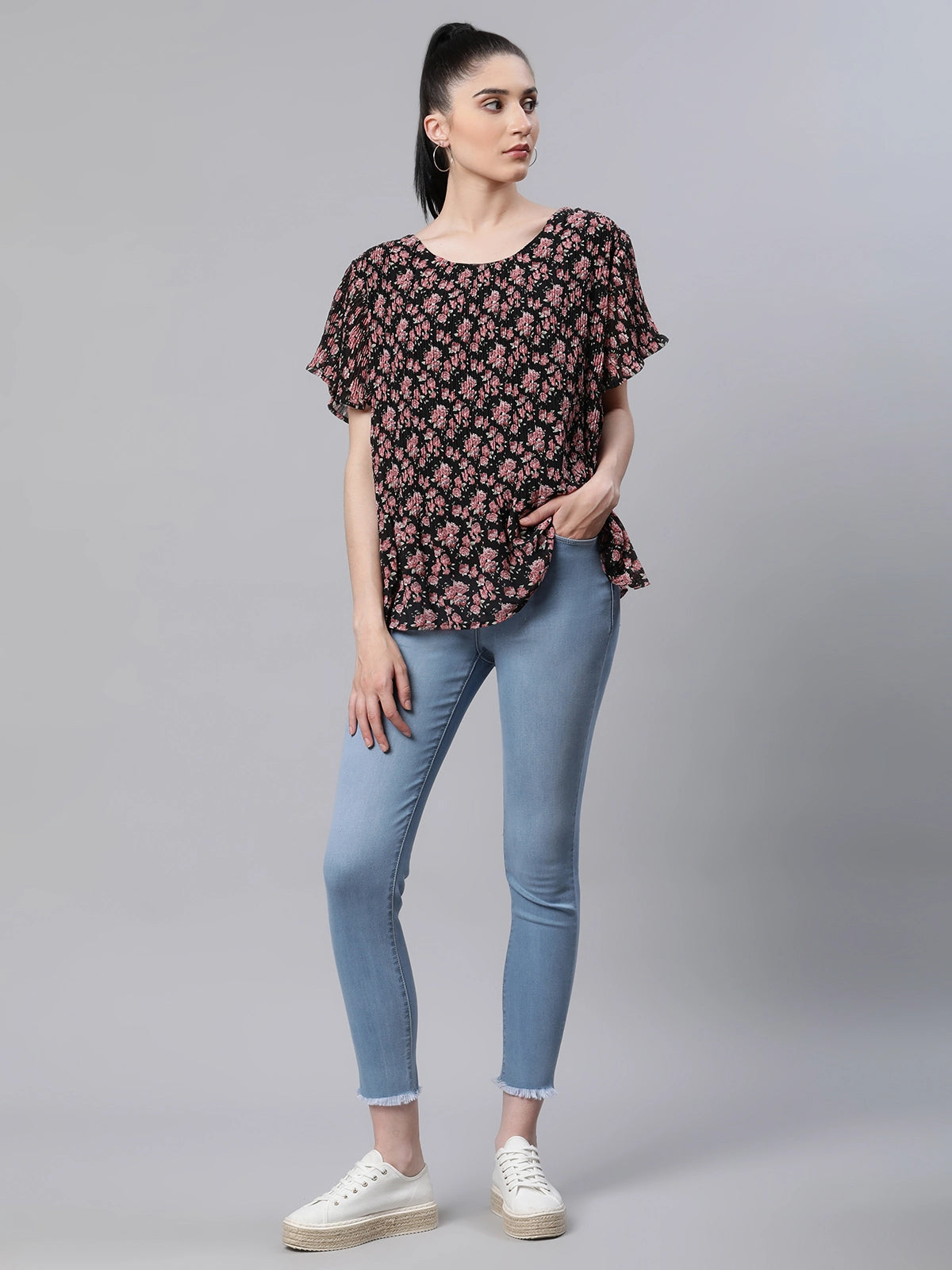 Women Floral Printed Black Loose Fit Party Blouse