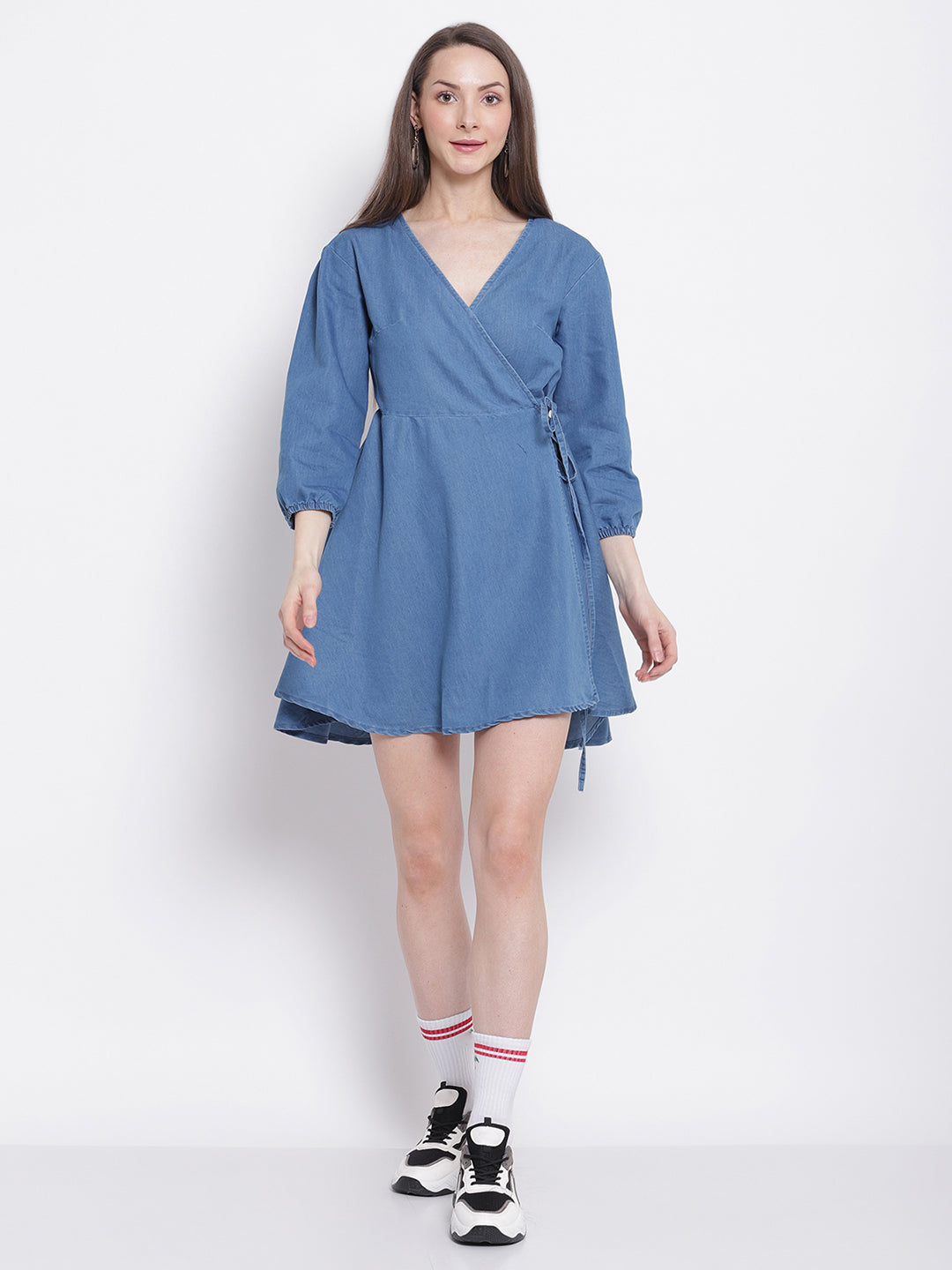 women light blue denim solid denim dress