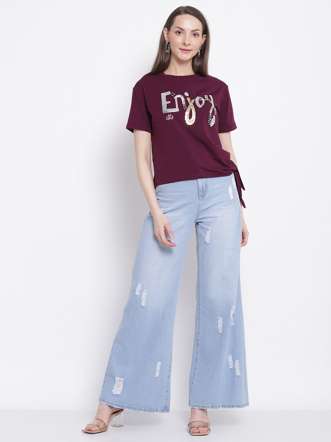 Women Maroon Printed T-Shirt with Knot Details at Hem
