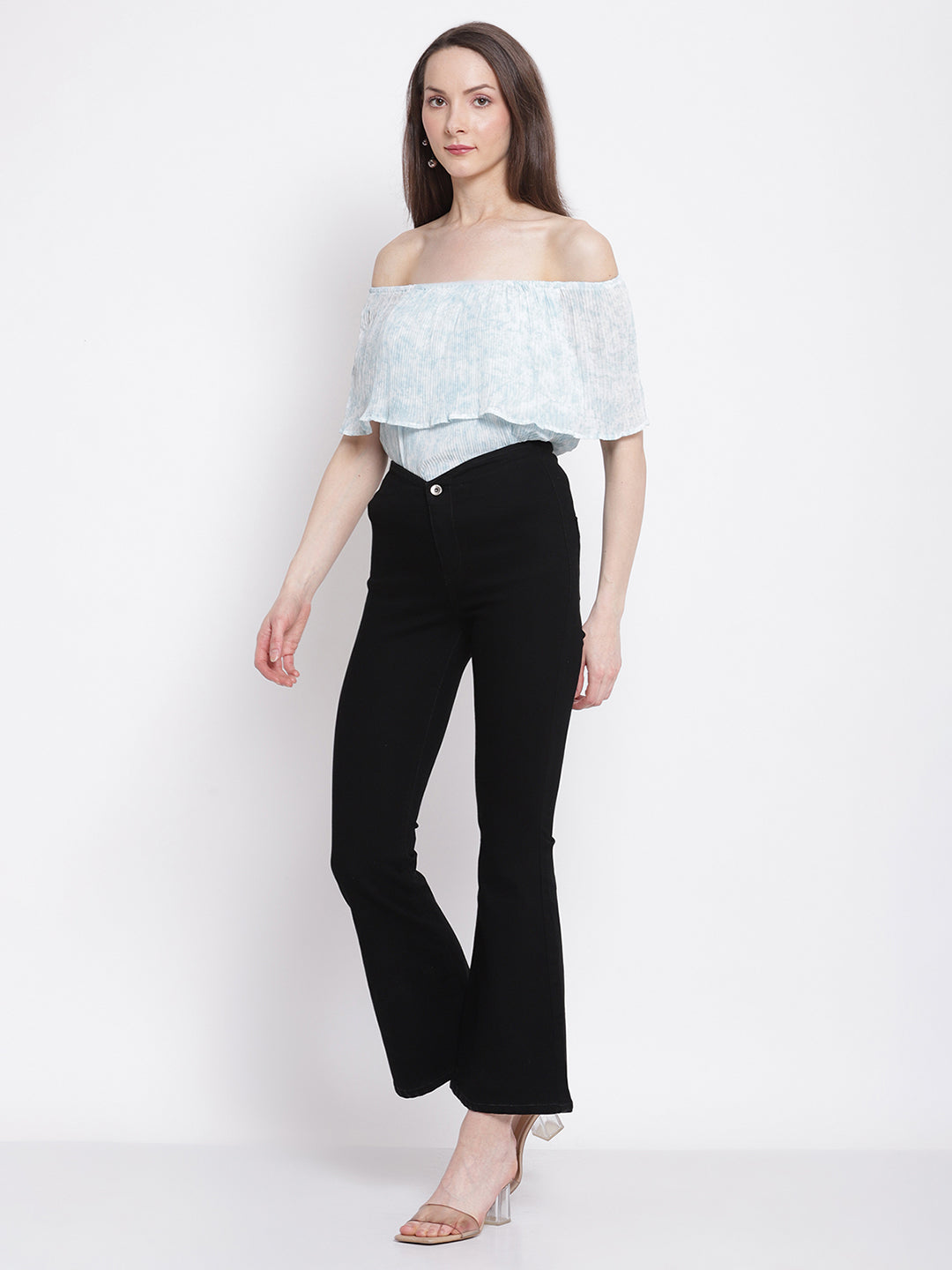Buy Women Bell Bottom Fit Cropped Length Dark Black Jeans Global
