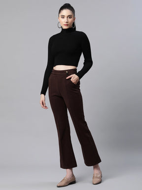 Solid High Rise Brown Flared Trousers