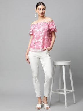 Women Pink Net Floral Off-Shoulder Printed Top